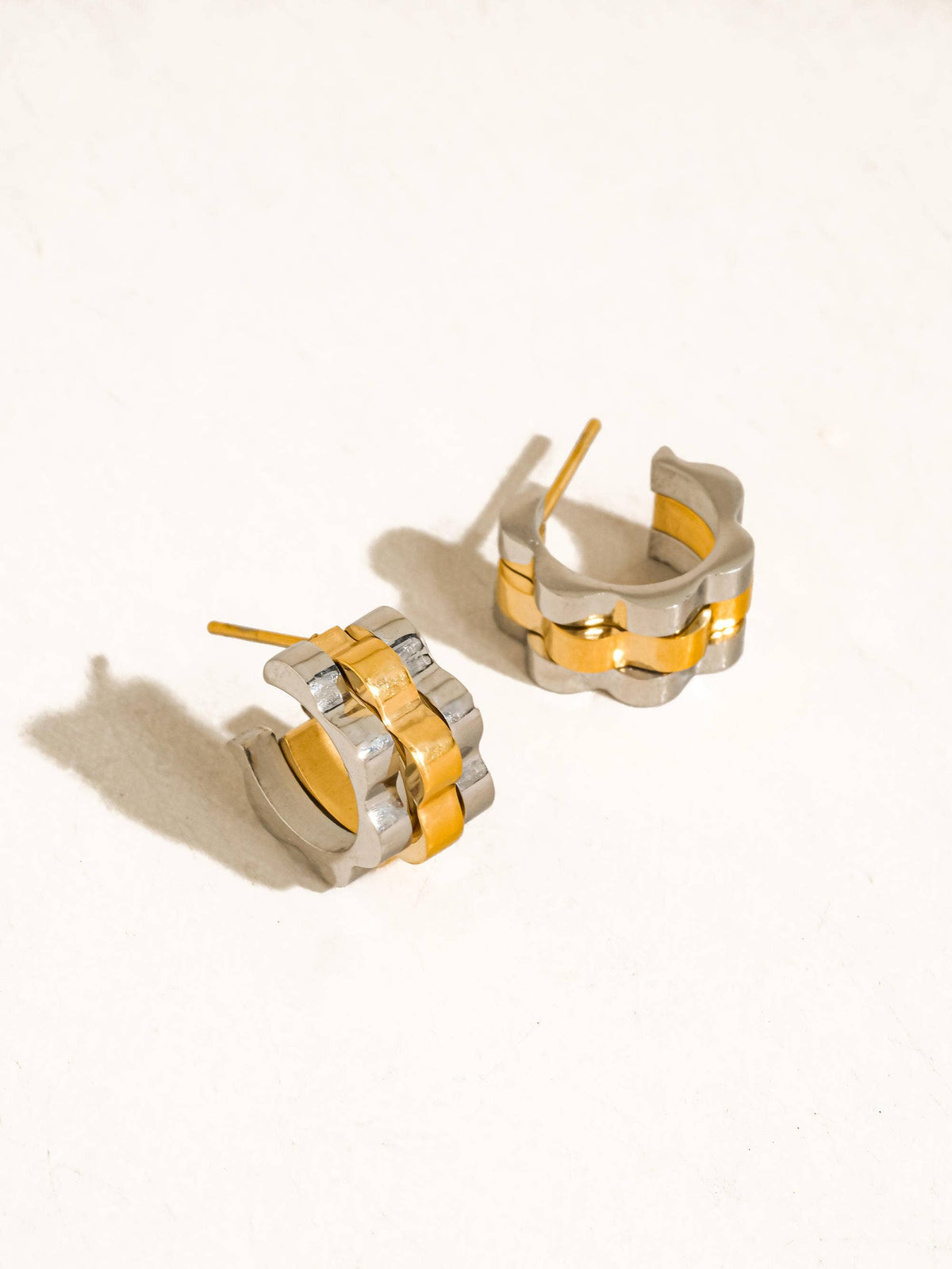 Paige 18K Gold Non-Tarnish Two-Tone Ribbed Hoop Earrings: Multi-Colored