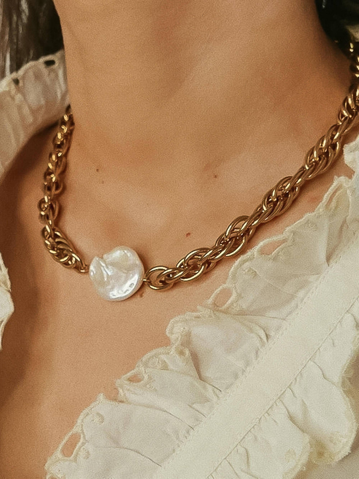 Loan 18K Non-Tarnish Bold Pearl Chain Necklace: Yellow Gold