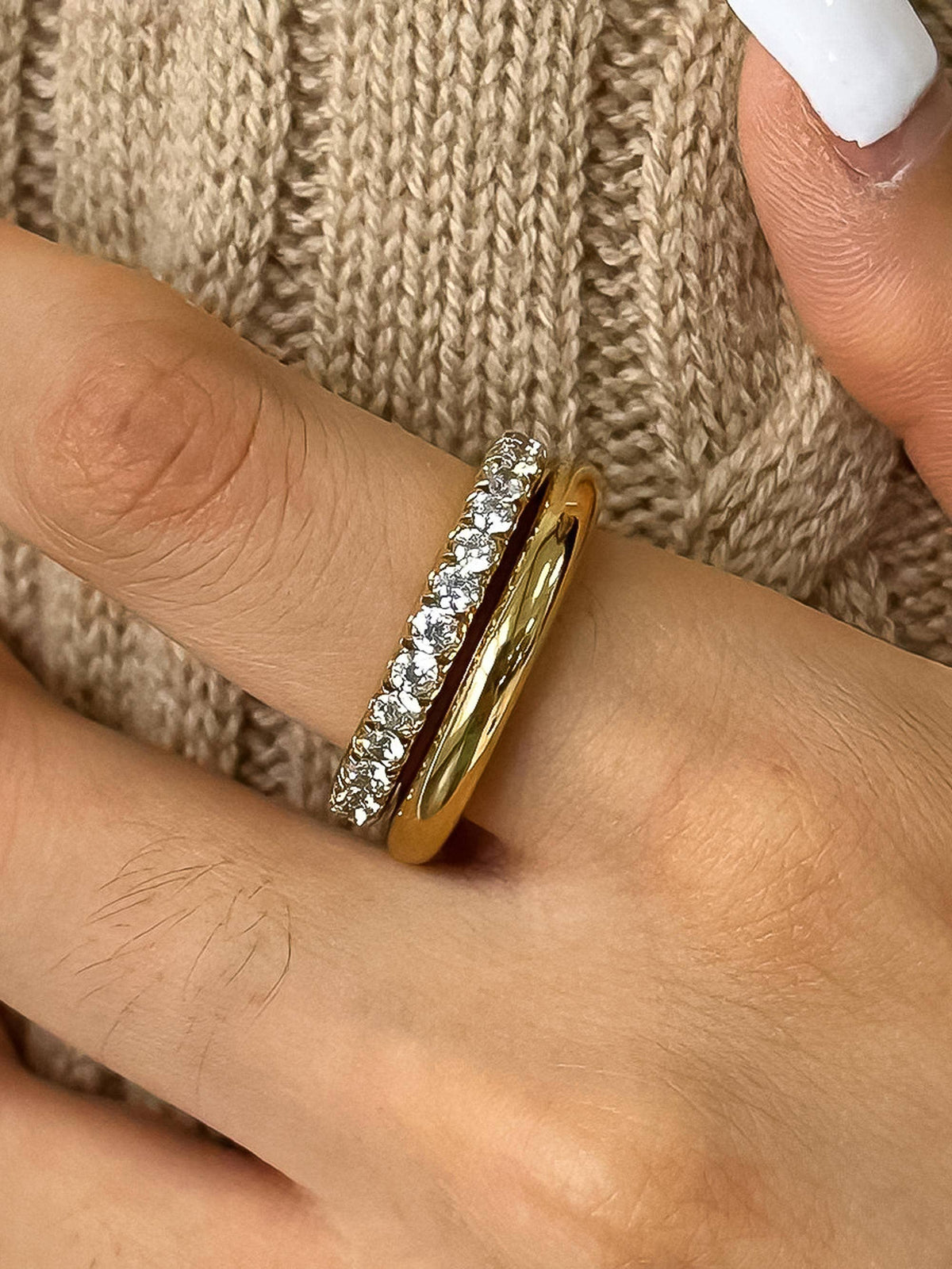 Justine 18K Gold Non-Tarnish CZ Double Hoop Ring: Yellow Gold / 7