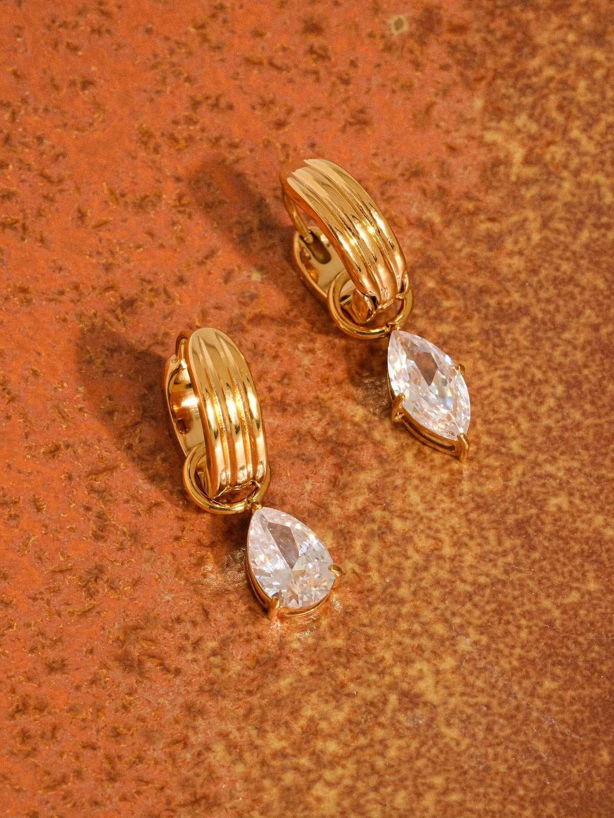 Saffron 18K Gold Non-Tarnish Teardrop CZ Mismatch Earrings: Yellow Gold