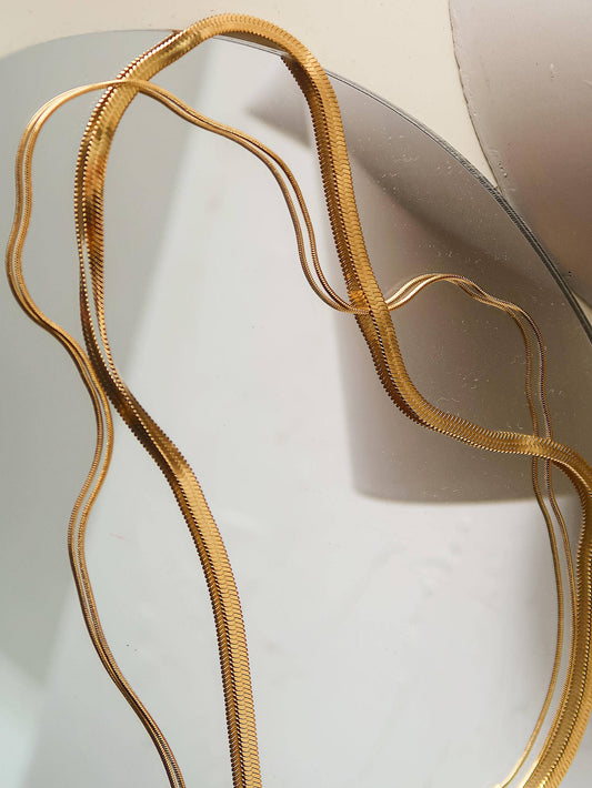 Jean 18K Gold Non-Tarnish Layered Flat Snake Chain Necklace: Yellow Gold