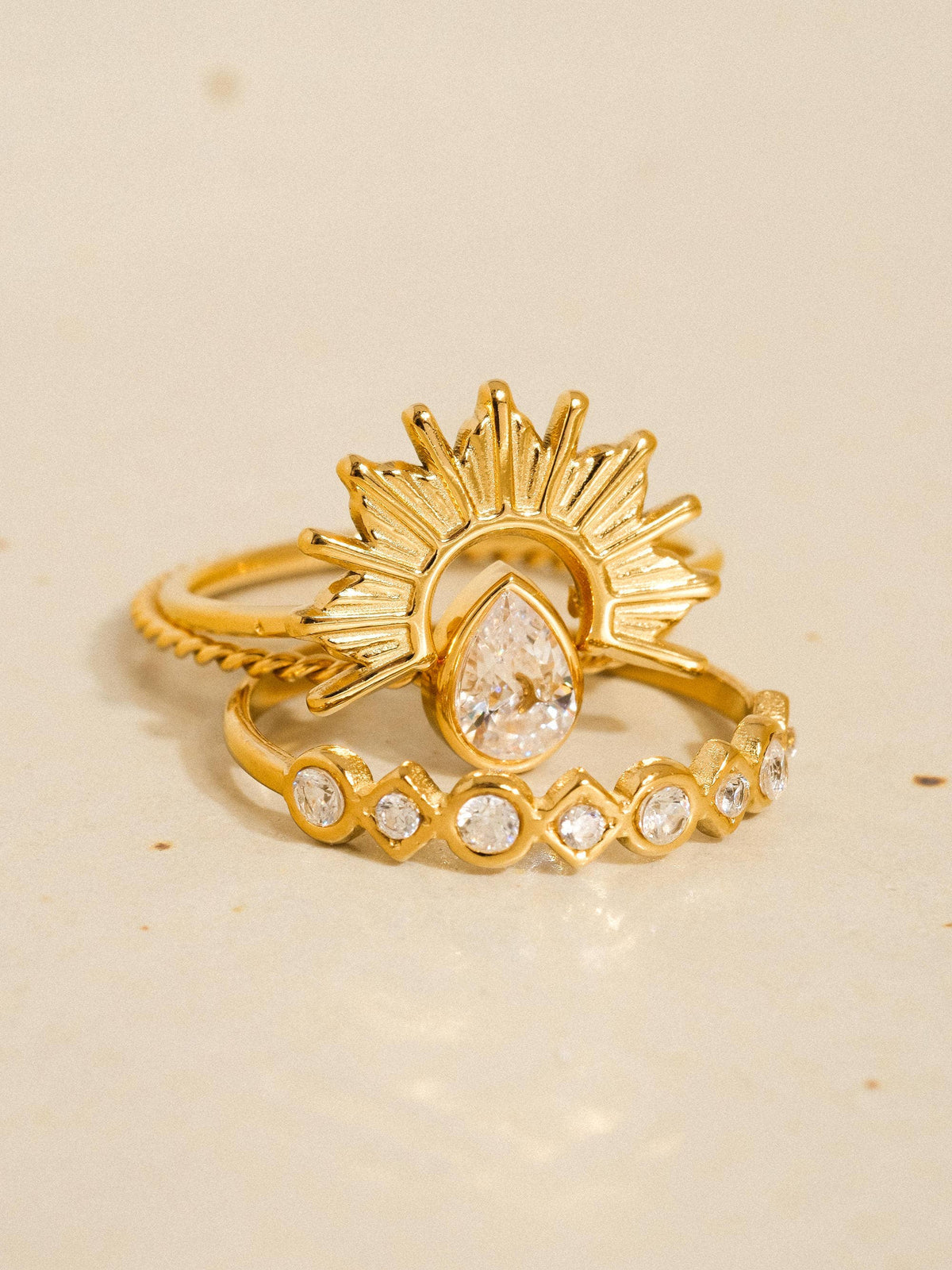 Françoise 18K Gold Non-Tarnish Sun Stone CZ Layered Ring: Yellow Gold / 7
