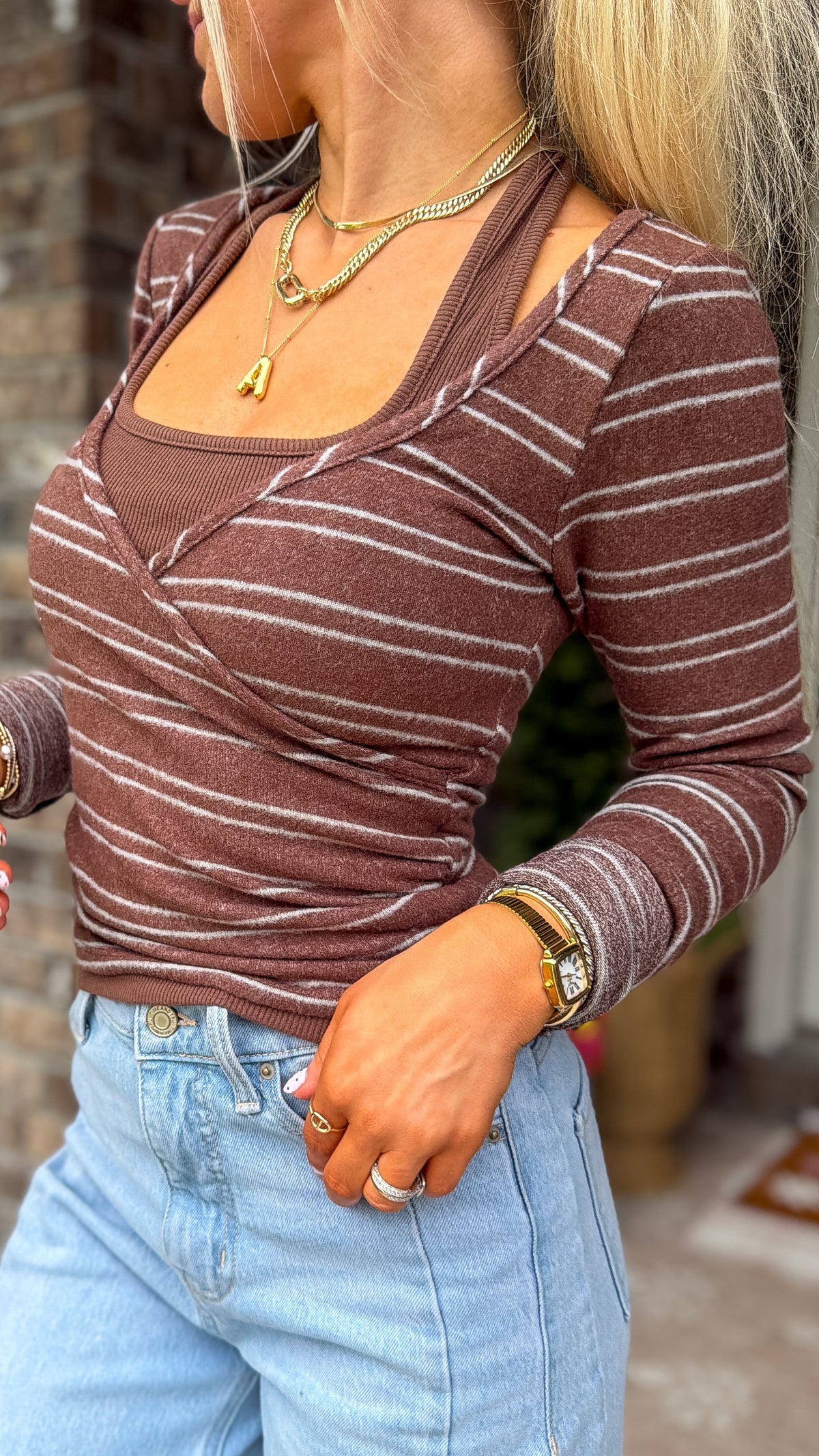 Contrast Layered Henley - Brown