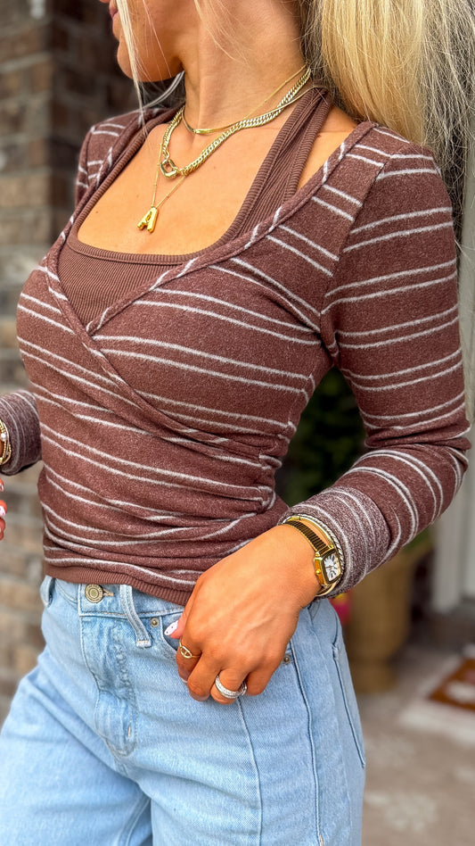 Contrast Layered Henley - Brown