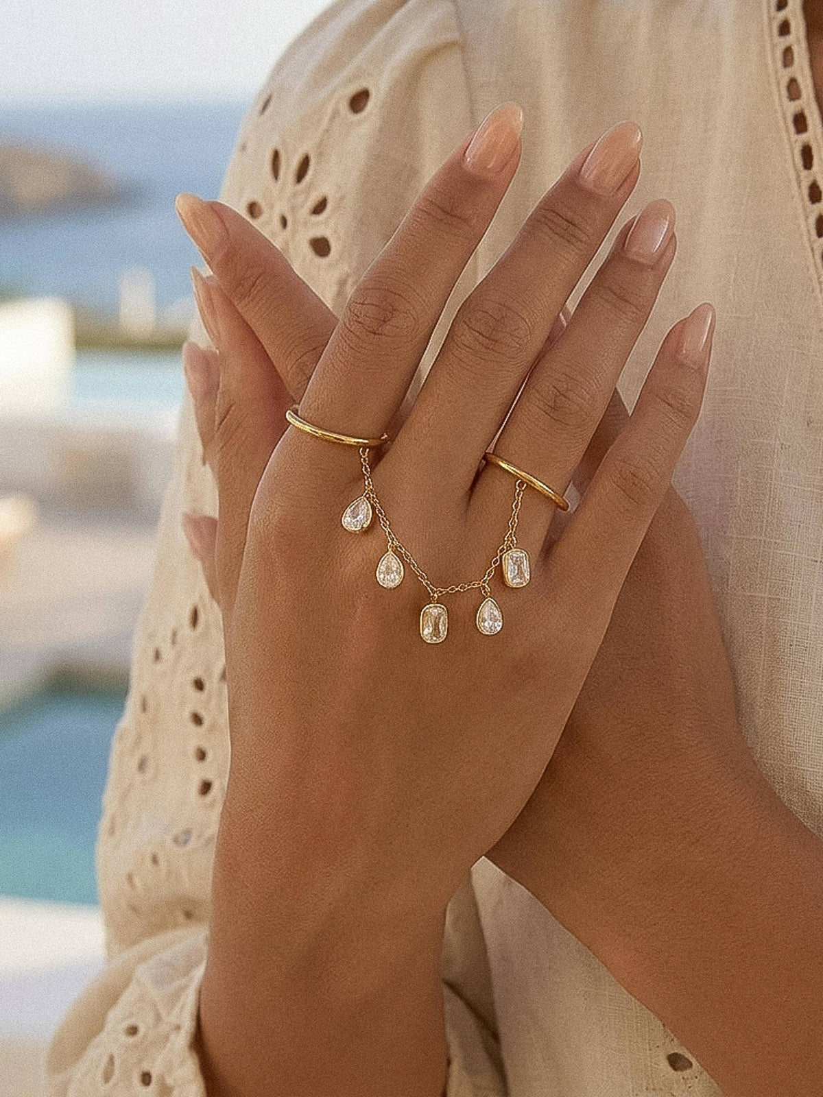 Cosette 18K Gold Non-Tarnish CZ Dangle Circle Drop Ring: Yellow Gold / 7