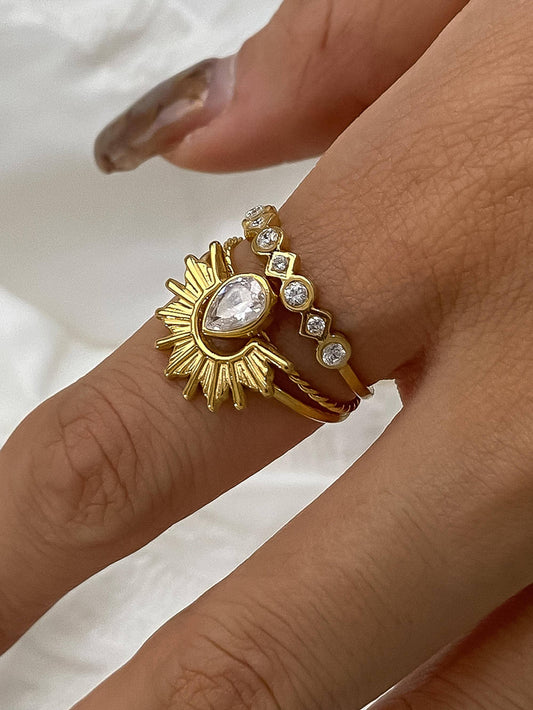Françoise 18K Gold Non-Tarnish Sun Stone CZ Layered Ring: Yellow Gold / 7