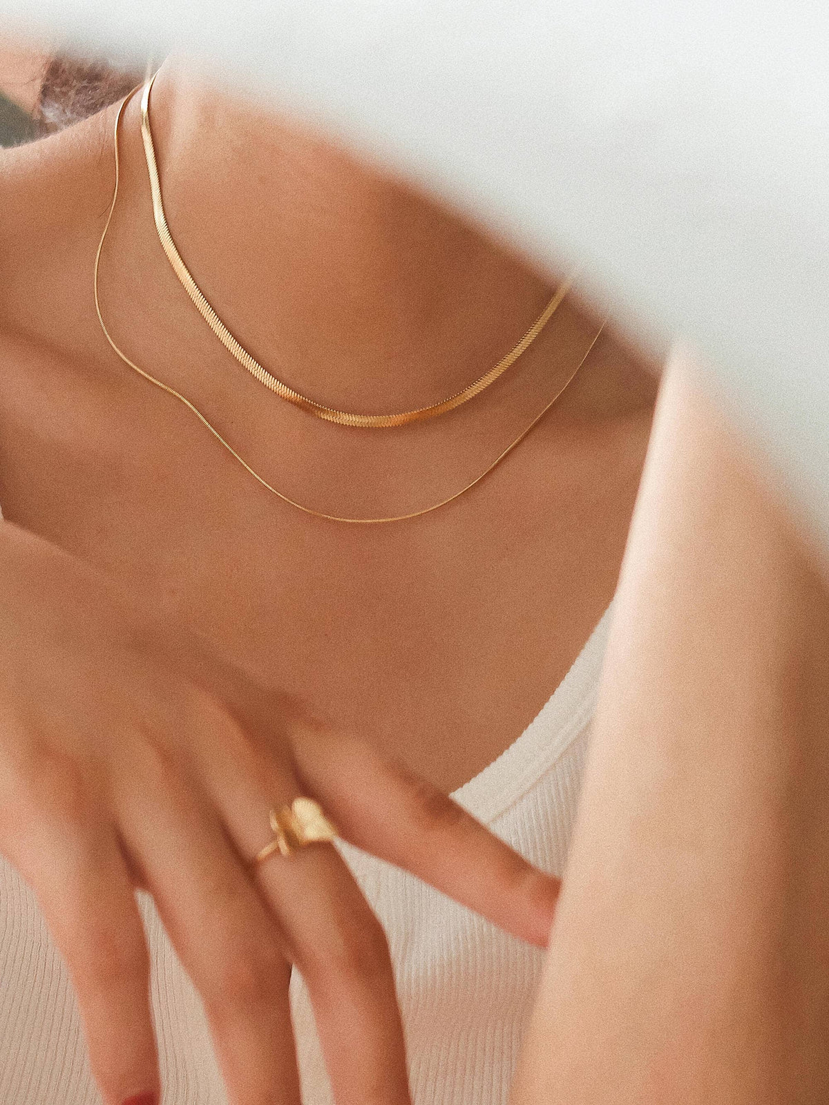 Jean 18K Gold Non-Tarnish Layered Flat Snake Chain Necklace: Yellow Gold