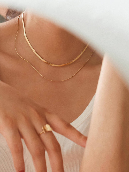 Jean 18K Gold Non-Tarnish Layered Flat Snake Chain Necklace: Yellow Gold